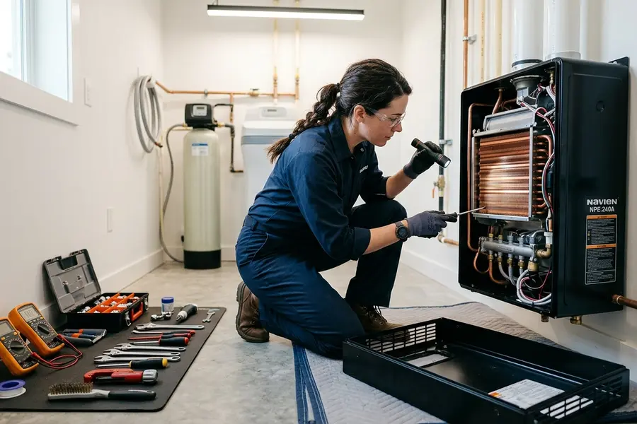 Water Heater Jockey plumber servicing a tankless water heater in Schuylerville